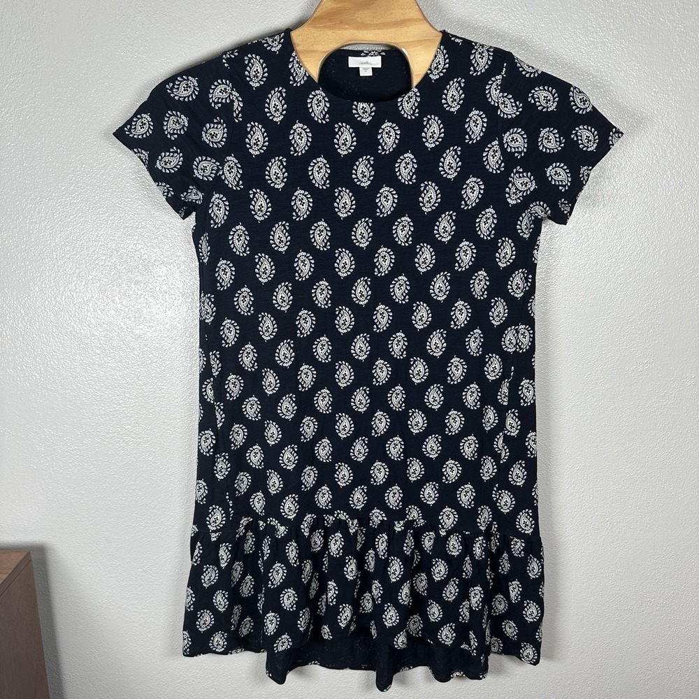 J. Jill Paisley T-Shirt Knit Dress Womens Sz Medium Navy Blue Pockets Ruffle Hem